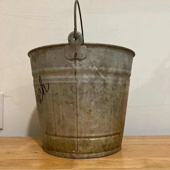 Old Galvanized Bucket with Distressed Finish Writing & Sticker 9” Tall - Picture 6 of 16
